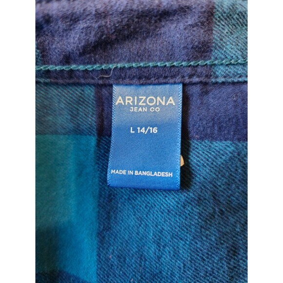 Arizona Long Sleeve Plaid Cotton Button Up Shirt Boy Size L 14/16 Blue Navy Blue - Picture 5 of 6